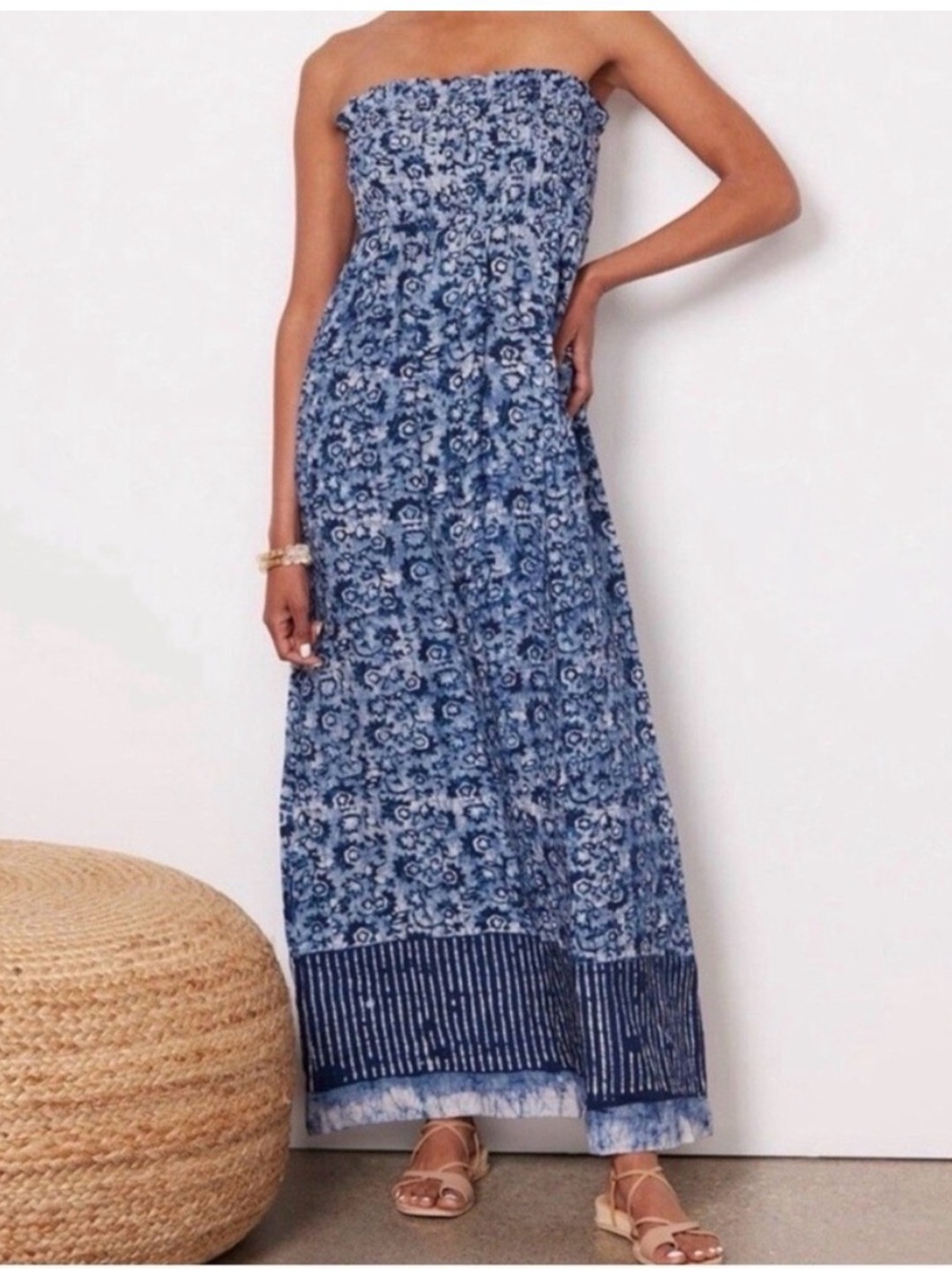 Faherty Women’s Blue Margarita Strapless 100% Linen Maxi Dress Size Medium
